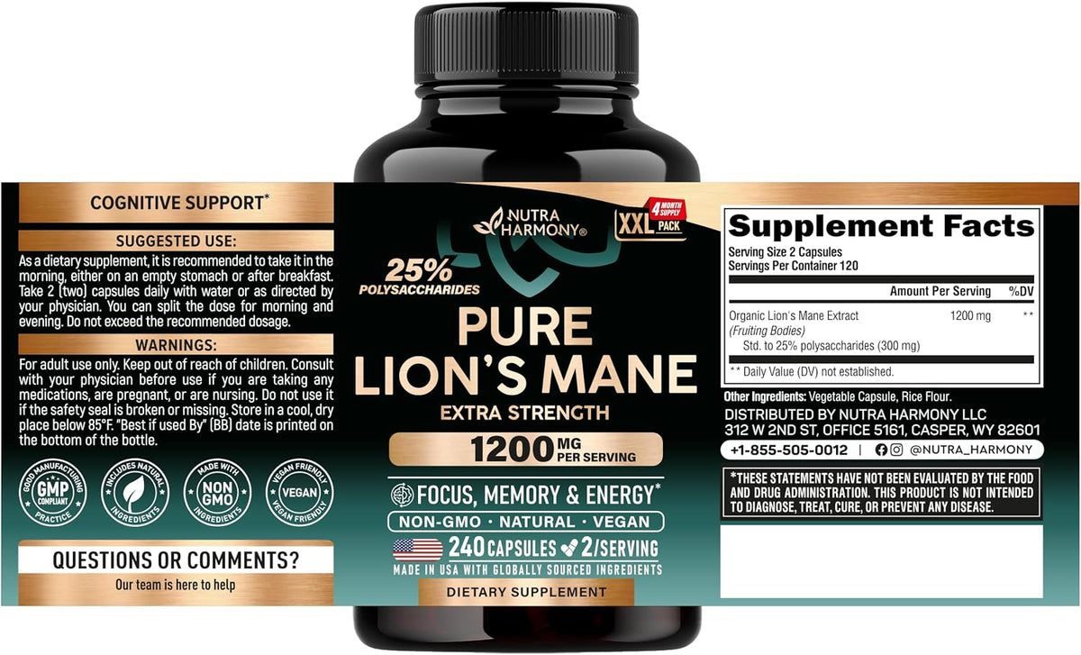 Nutraharmony Lions Mane Supplement Capsules back label ingredient details