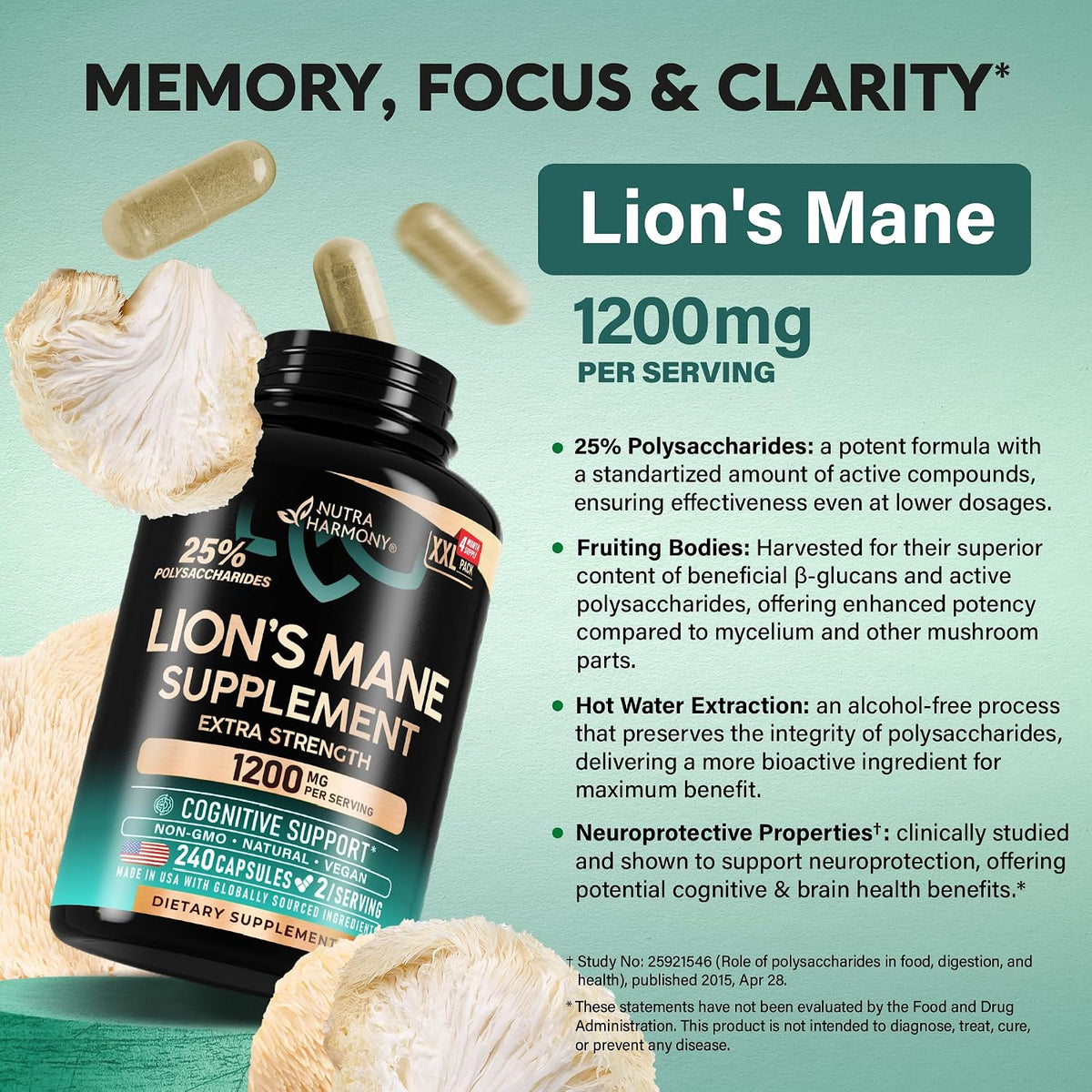 Nutraharmony Lions Mane Supplement Capsules organic fruiting body extract highlight