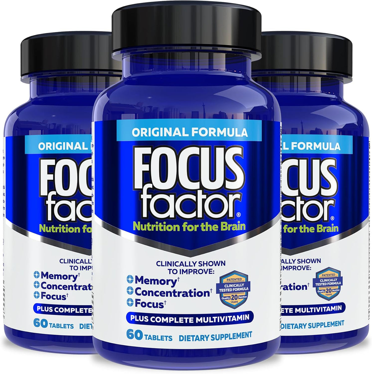 Focus Factor Nutrition for The Brain, Improved Memory & Concentration Supplement, Complete Multivitamin with Vitamins B6, B12, D, Bacopa Monnieri & Tyrosine, Original, 60 Count, Pack of 3 - Image 1
