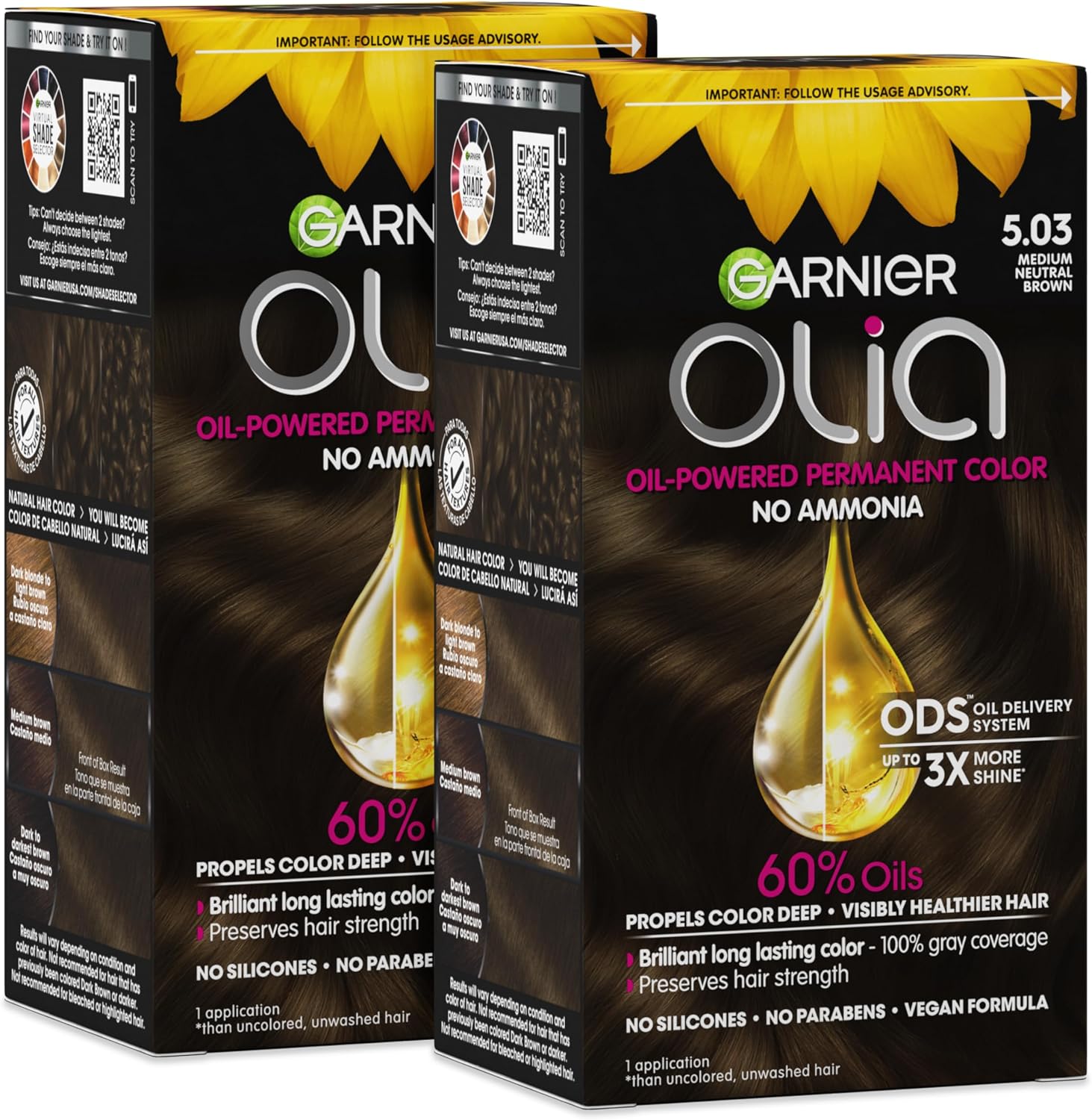 Garnier Olia Hair Color, Ammonia-Free Permanent Hair Dye, Oil-Powered Formula for 100% Gray Coverage and 3x Shinier Hair, Vegan & Cruelty Free, 5.03 Medium Neutral Brown, 2 Count - Image 1