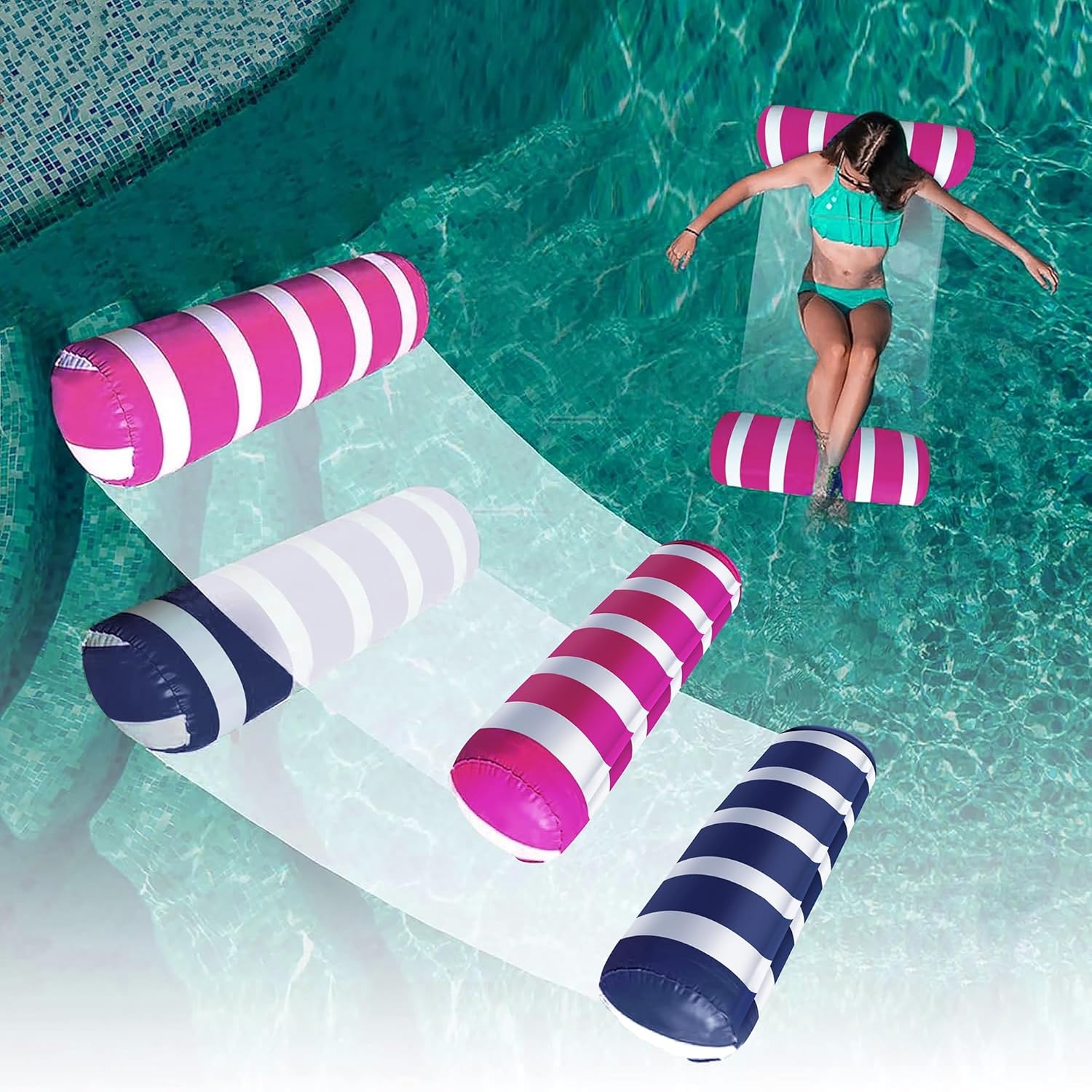 AIWAN LEZHI 2-Pack Swimming Pool Float Hammock front view showing the navy blue and pink inflatable water loungers.