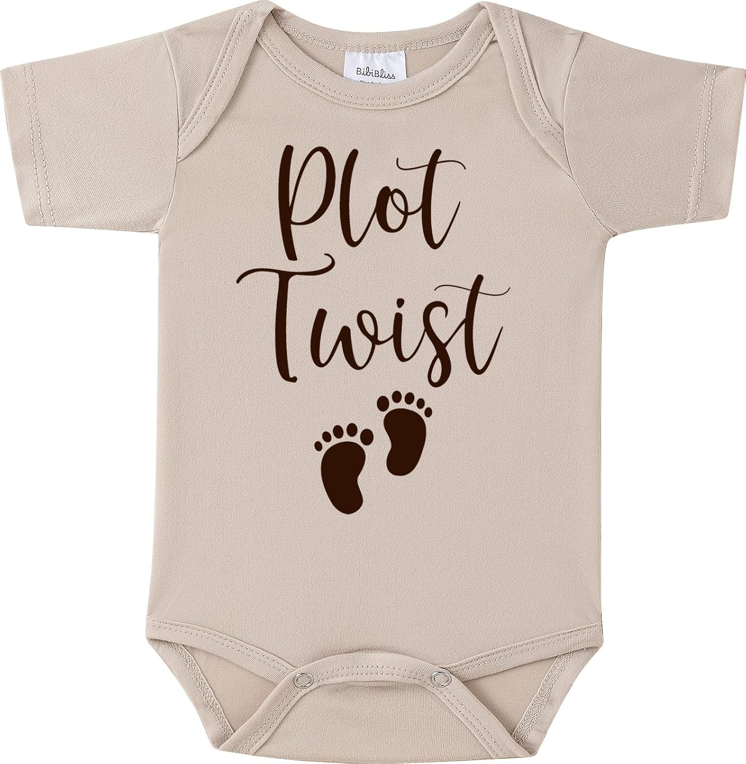 BIBIBLISSBABY Plot Twist Baby Announcement Onesie front view of beige pregnancy reveal bodysuit