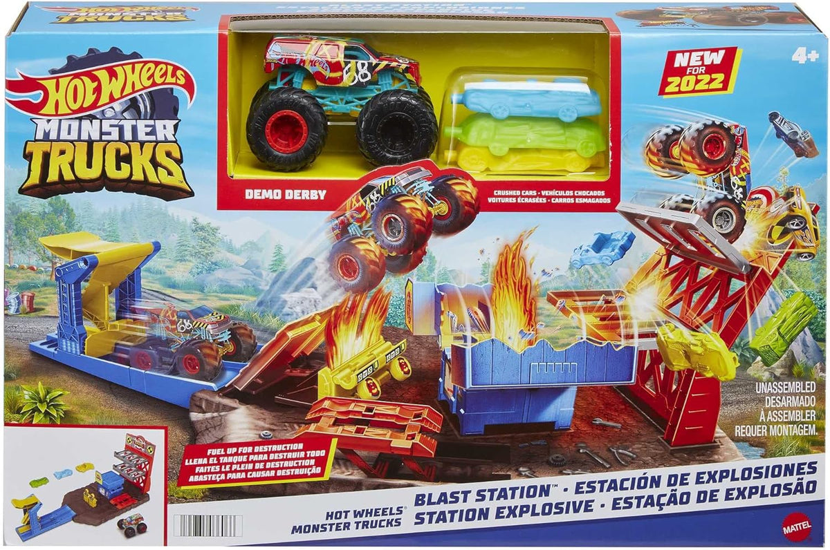 Complete Hot Wheels playset layout with all included vehicles