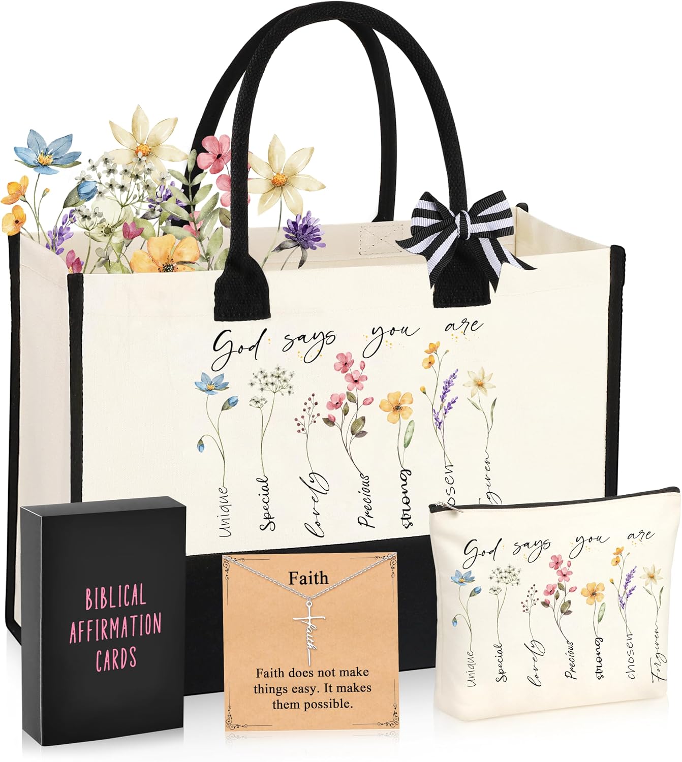 SiplyHaven Christian gifts for women set front view showcasing the canvas tote bag