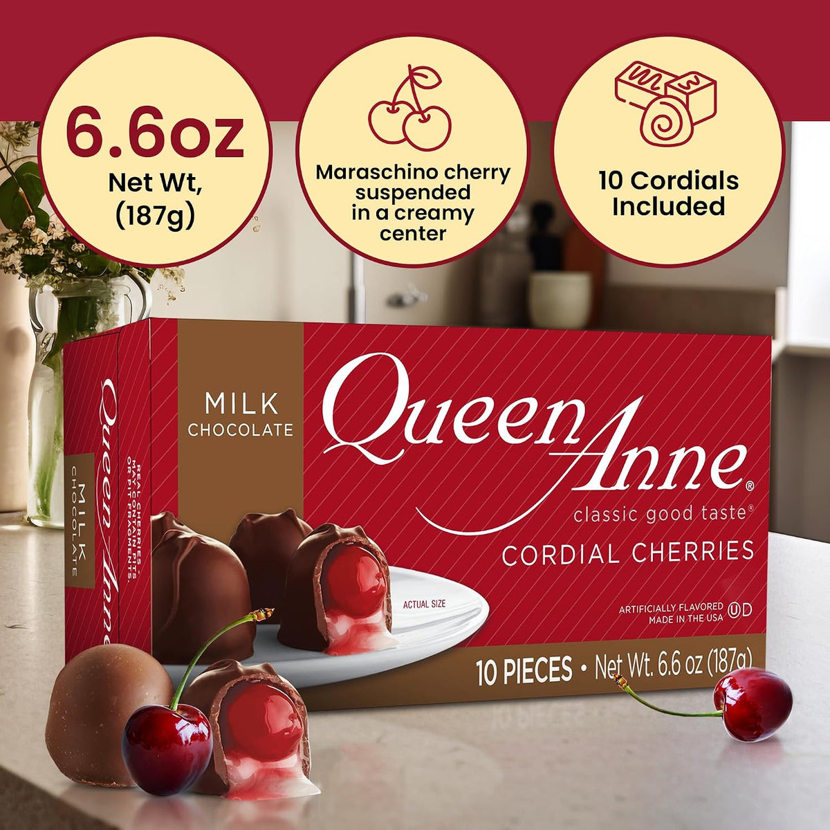 Side profile of Queen Anne cordial cherries box