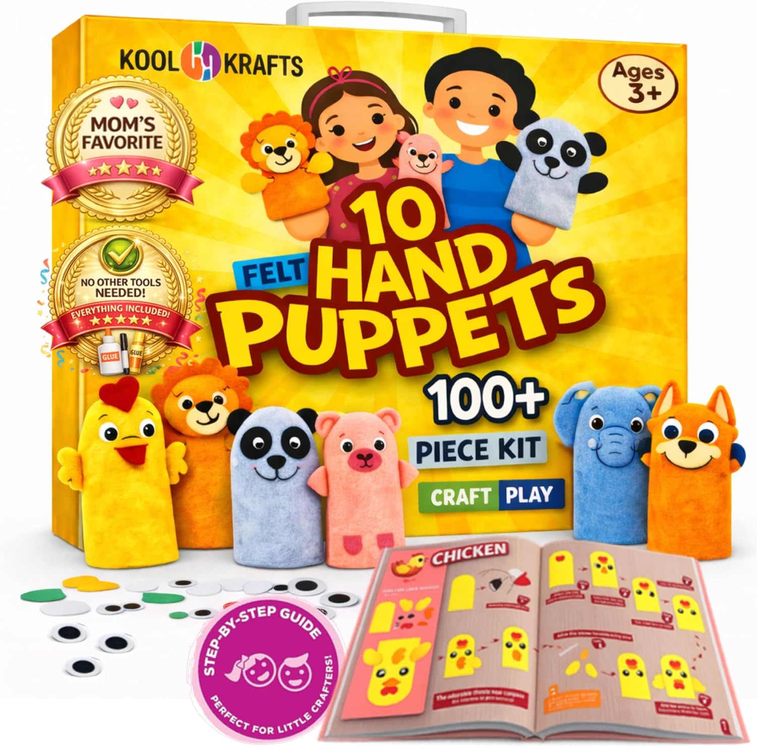 Kool Krafts DIY Hand Puppet Kit front view with finished animal puppets