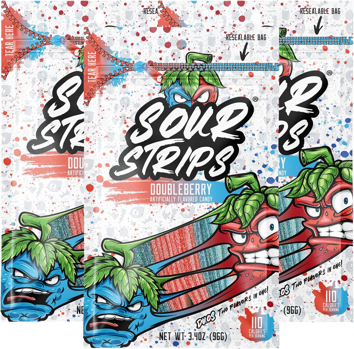 Sour Strips Doubleberry Sour Candy Belts front view pack of three