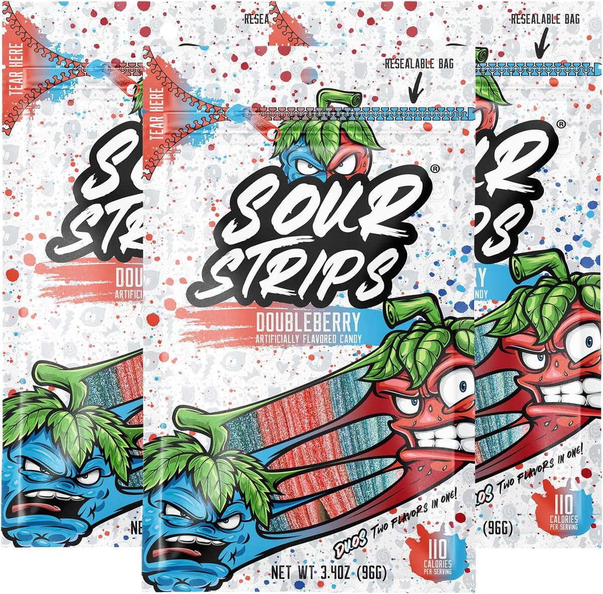 Sour Strips Doubleberry Sour Candy Belts front view pack of three