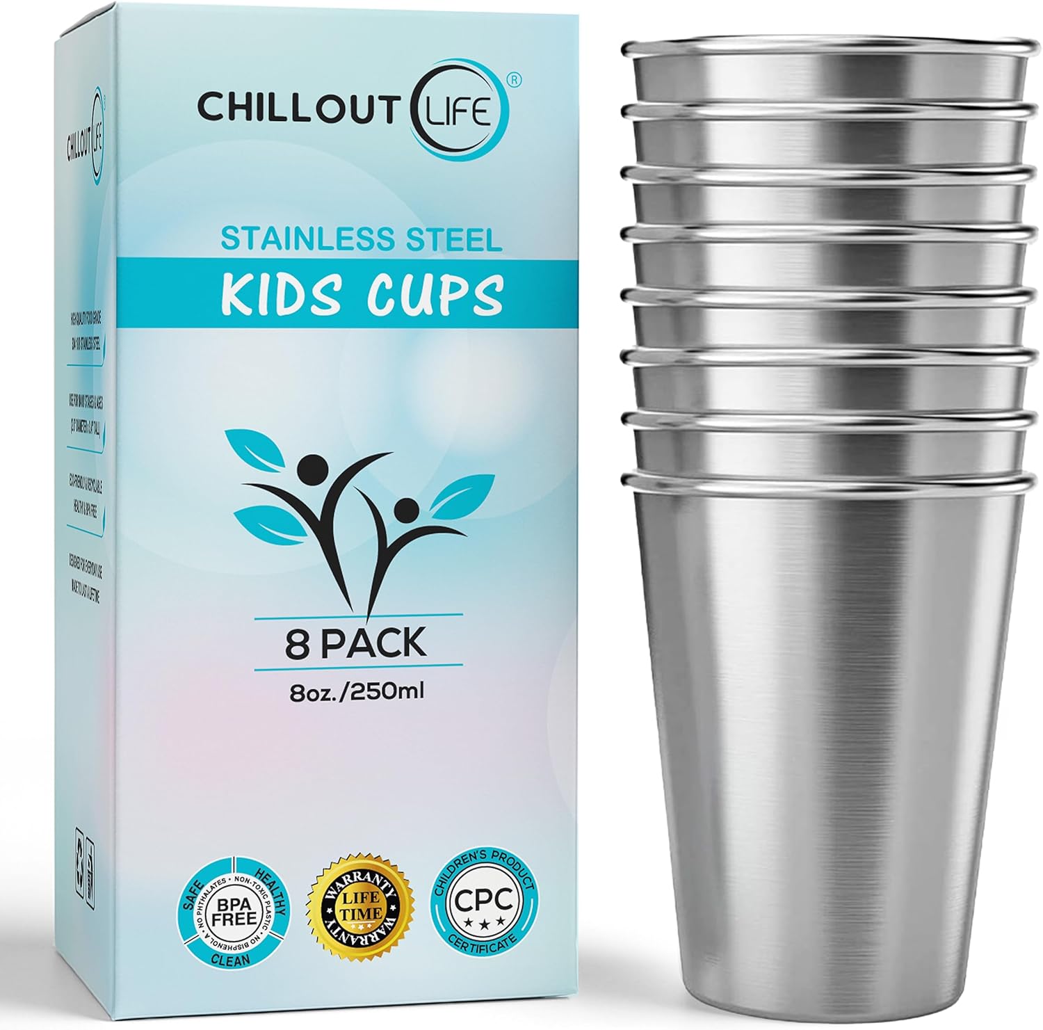 Chillout Life stainless steel kids cups 8 ounce front view