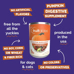 Dog eating food topped with Fruitables Pumpkin Digestive Supplement