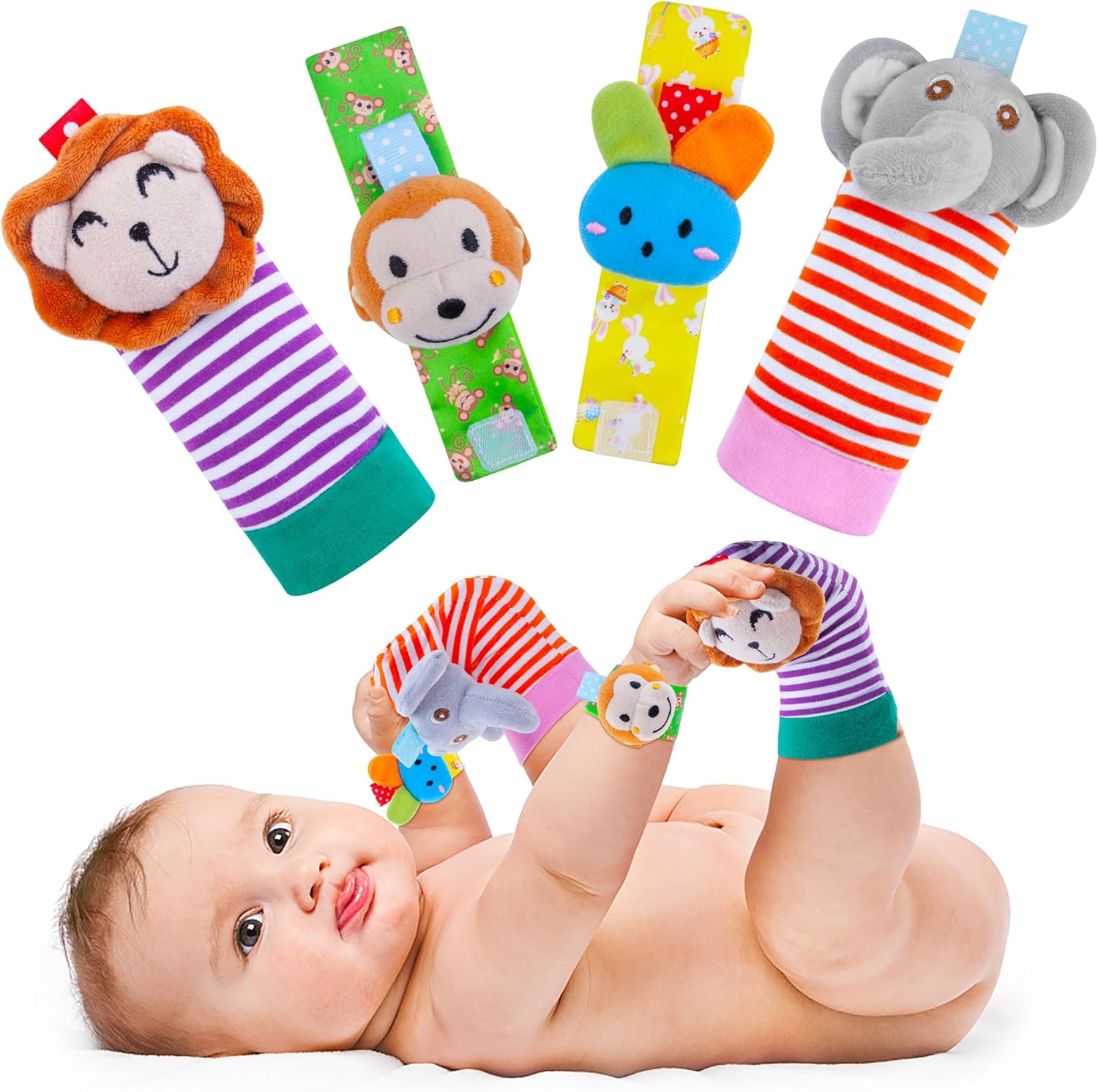Yeeeasy baby rattle cotton socks and wrist strap set front view showcasing colorful animal designs.