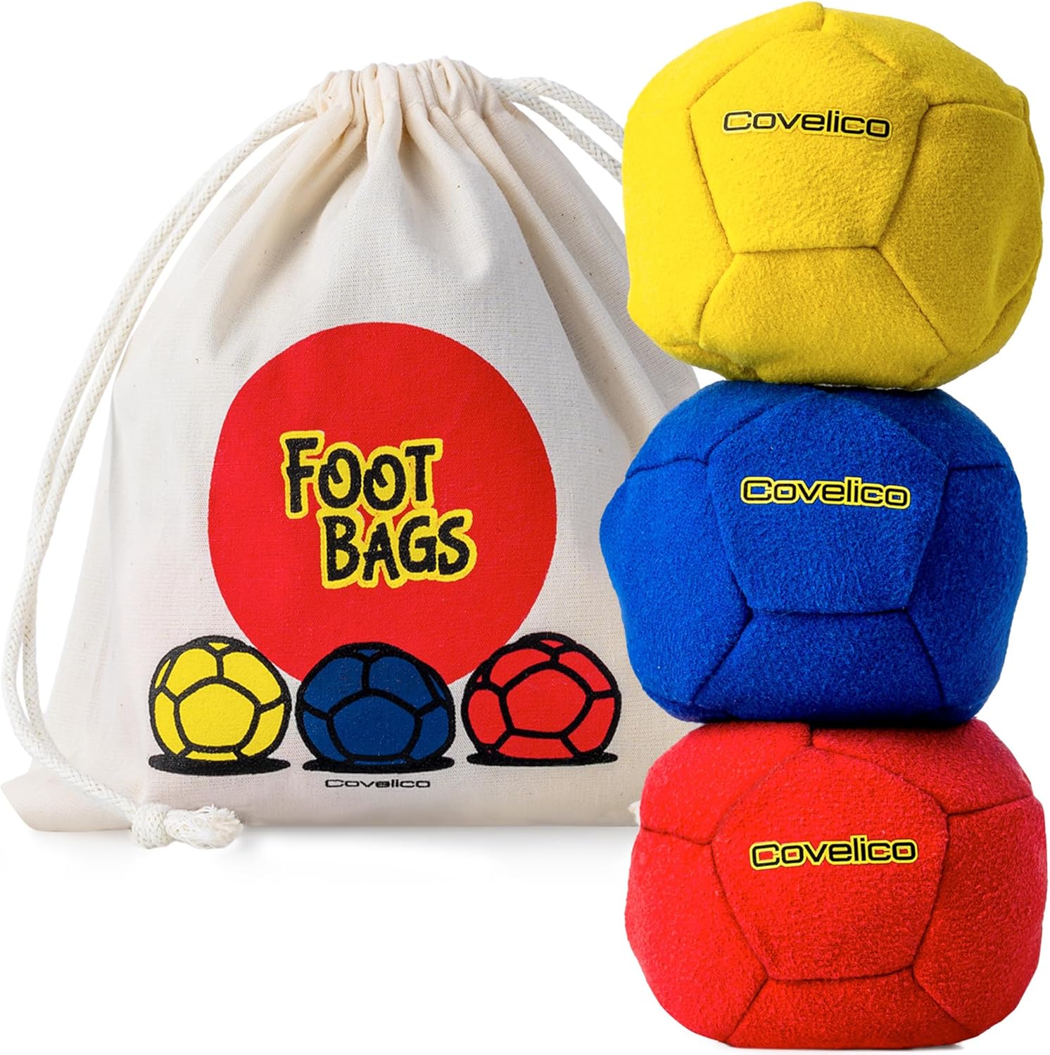 Covelico footbag hacky sack set of three shown in front view with canvas storage bag.