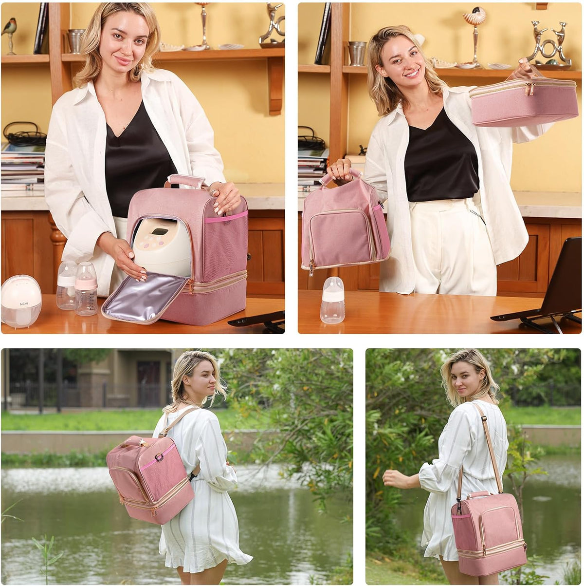 NCVI Breast Pump Backpack, Double Layer Removable, for Spectra/Medela, Pink | Cooler bag with ice pack keeps milk cold 24hrs, holds pump & parts, USB charging port, comfortable straps for travel ease - Image 9
