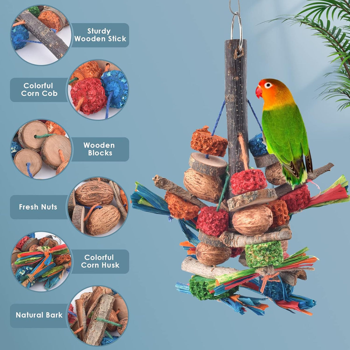 Handcrafted bird foraging toy with wood and nuts for conures