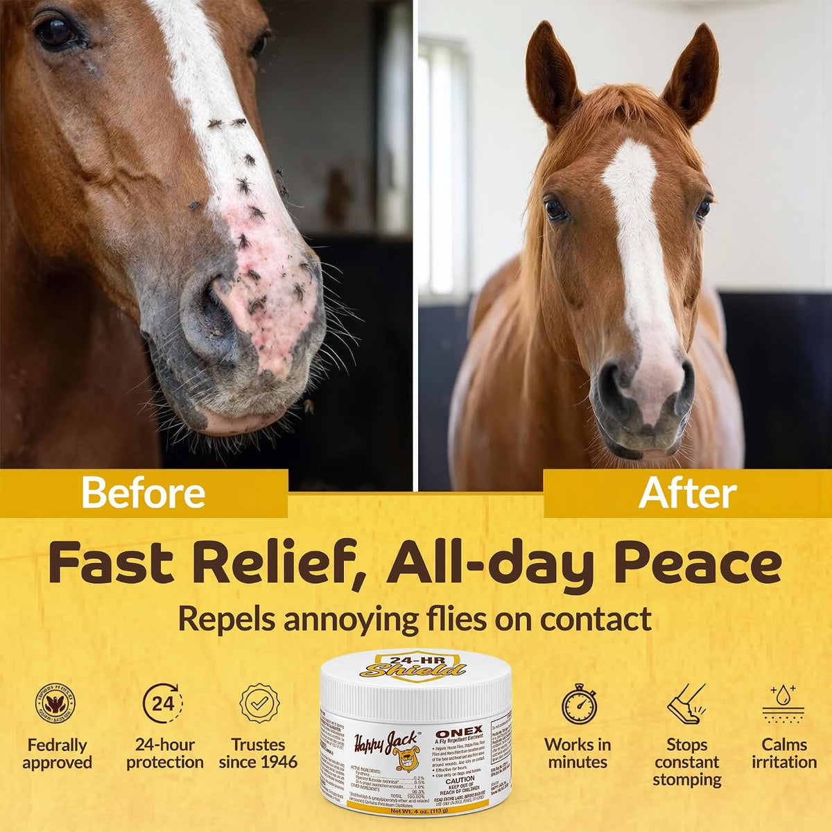 Happy Jack Onex fly repellent ointment packaging highlighting the active ingredients list.