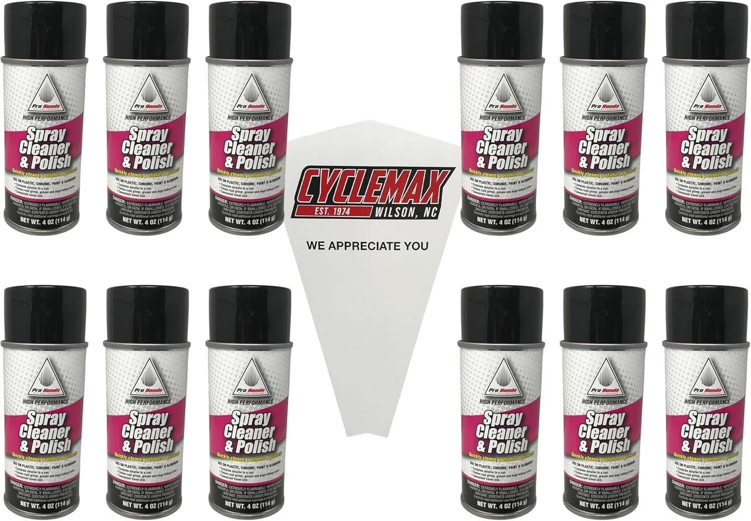 Cyclemax twelve pack of Pro Honda Spray Cleaner and Polish front view