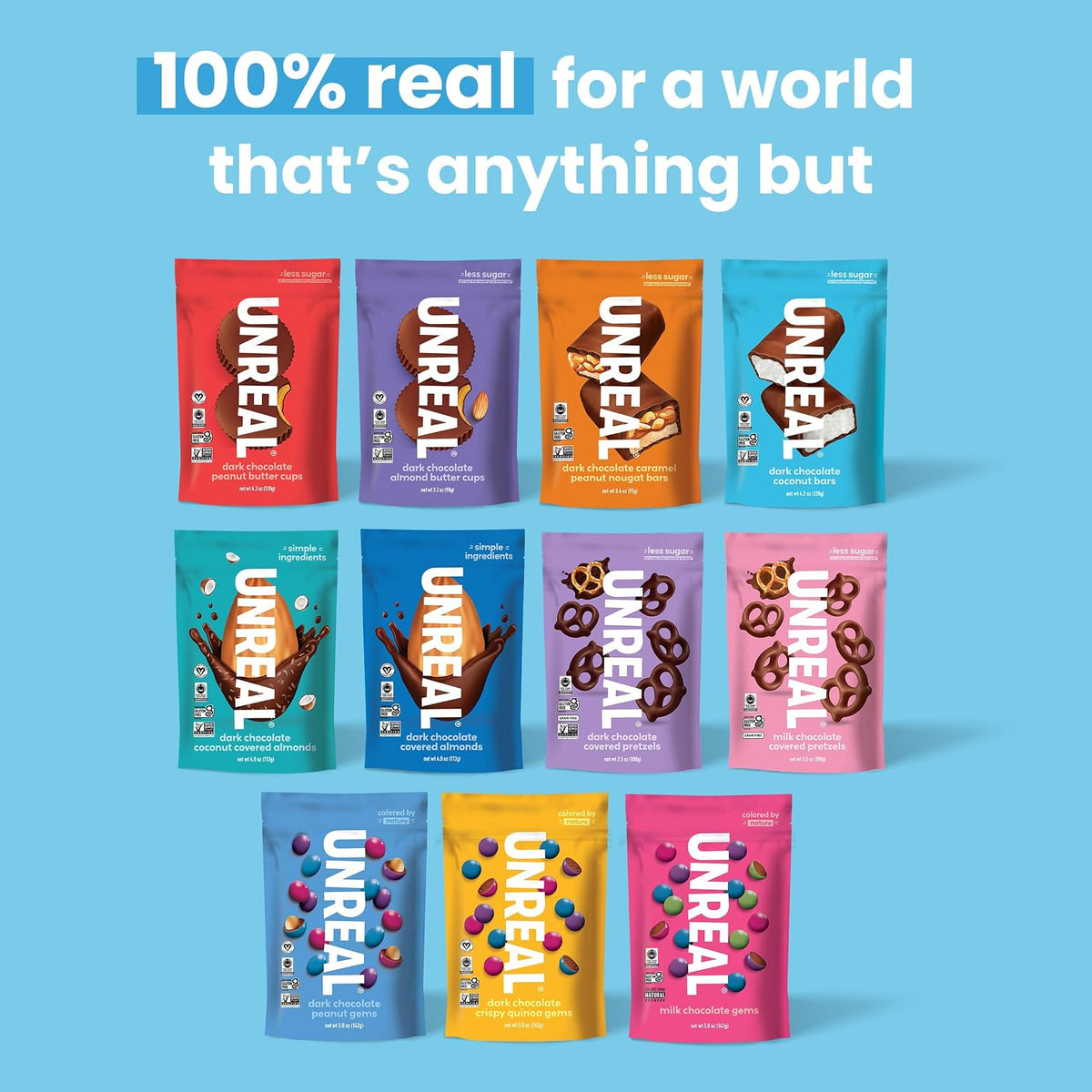UNREAL dark chocolate individual wrapped bars inside the bag