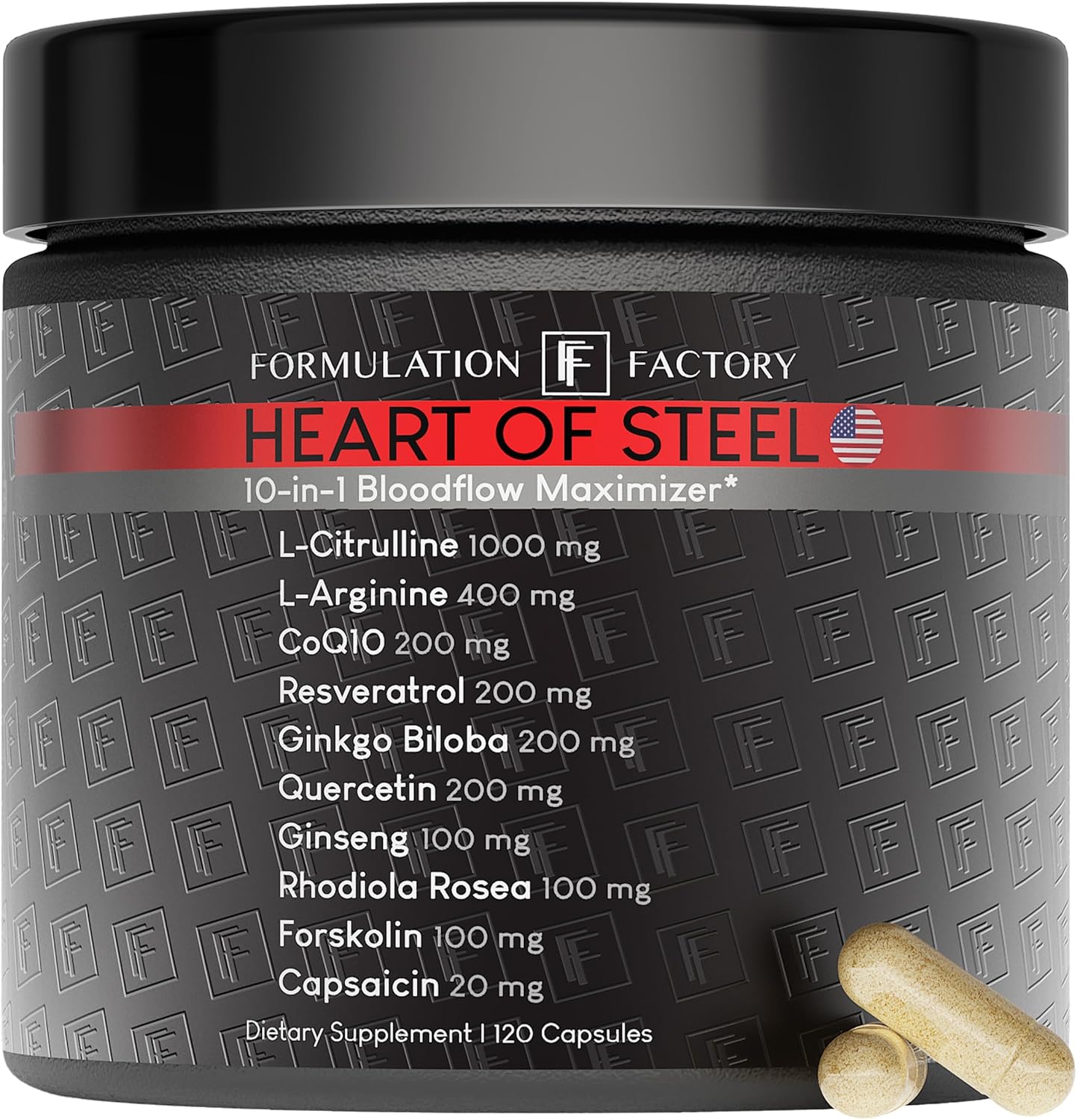 Formulation Factory Heart of Steel 120 capsules front bottle view nitric oxide booster