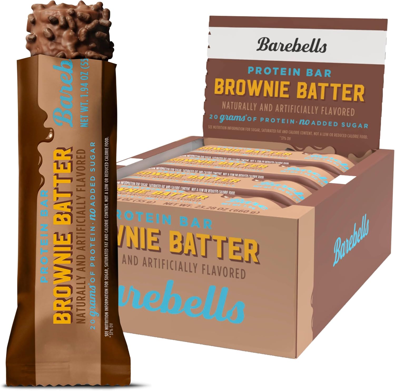 Barebells Brownie Batter Protein Bar front view showing the chocolate coating and high protein nutritional facts.