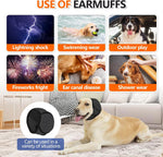 Side view of pet wearing comfortable noise cancelling ear wrap