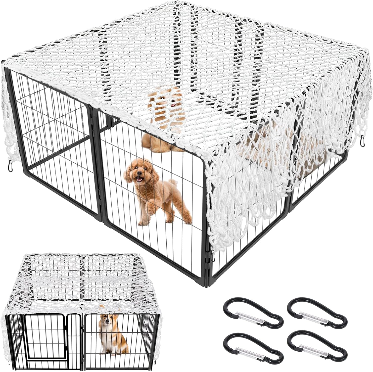Bouticol dog playpen cover net front view on metal pet fence
