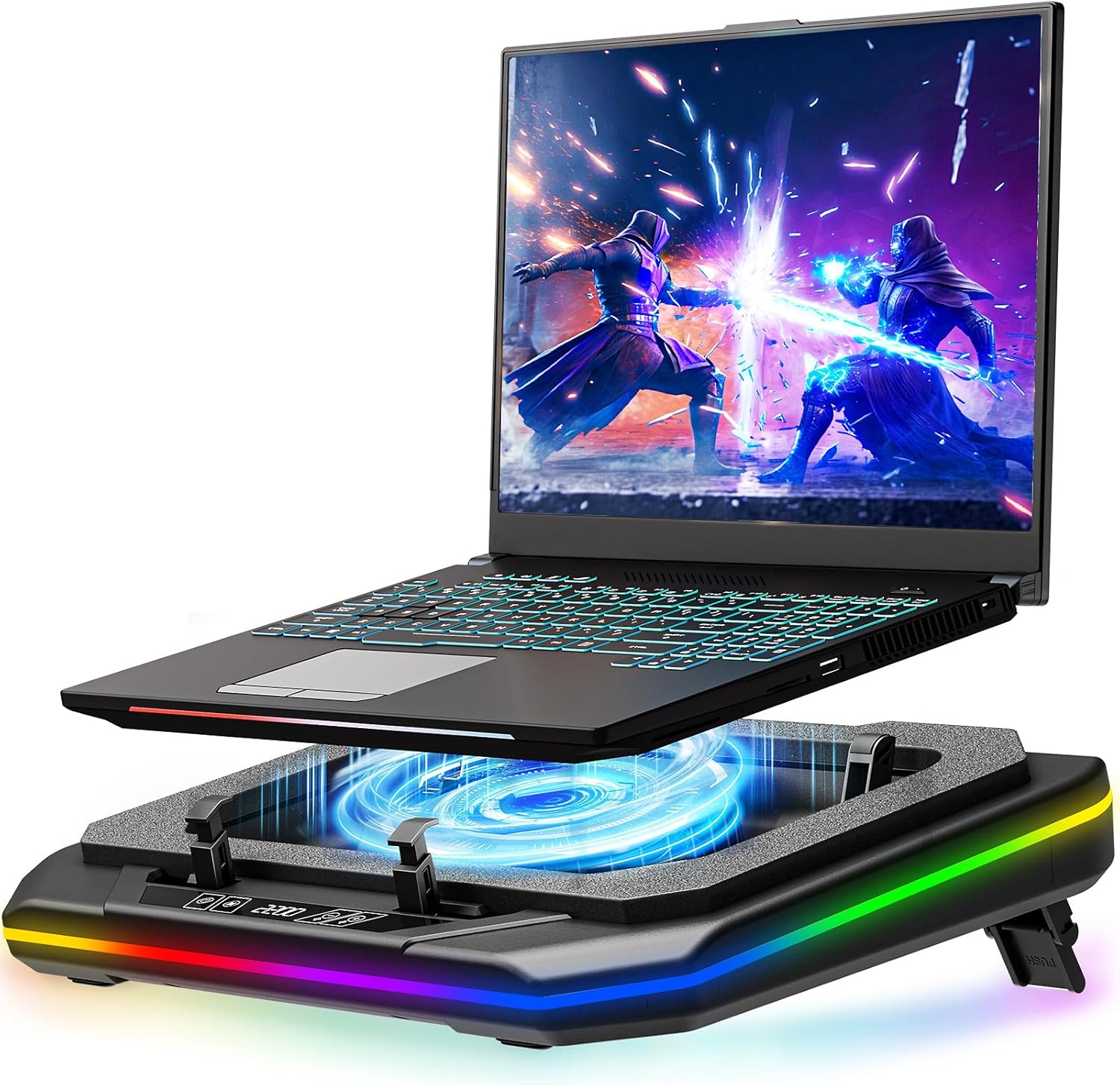 MOUNTUP RGB laptop cooling pad front view highlighting the twelve centimeter high speed turbo fan and touch controls
