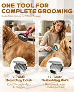 Demonstration of pet grooming tool on dog with thick coat