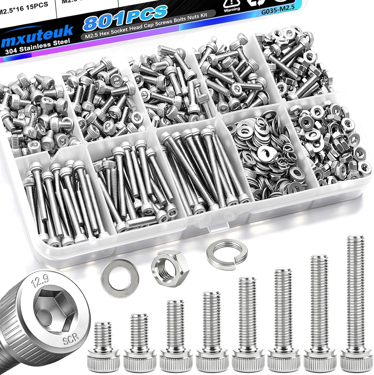 mxuteuk M2 Screws Assortment,M2 x 4/6/8/10/12/16/20mm Hex Socket Head Cap Screws Bolts Nuts Kit, 520PCS 12.9 Grade Alloy Steel Assorted Screws Small Metric Screws Suitable for 3D Printer DIY - Image 9