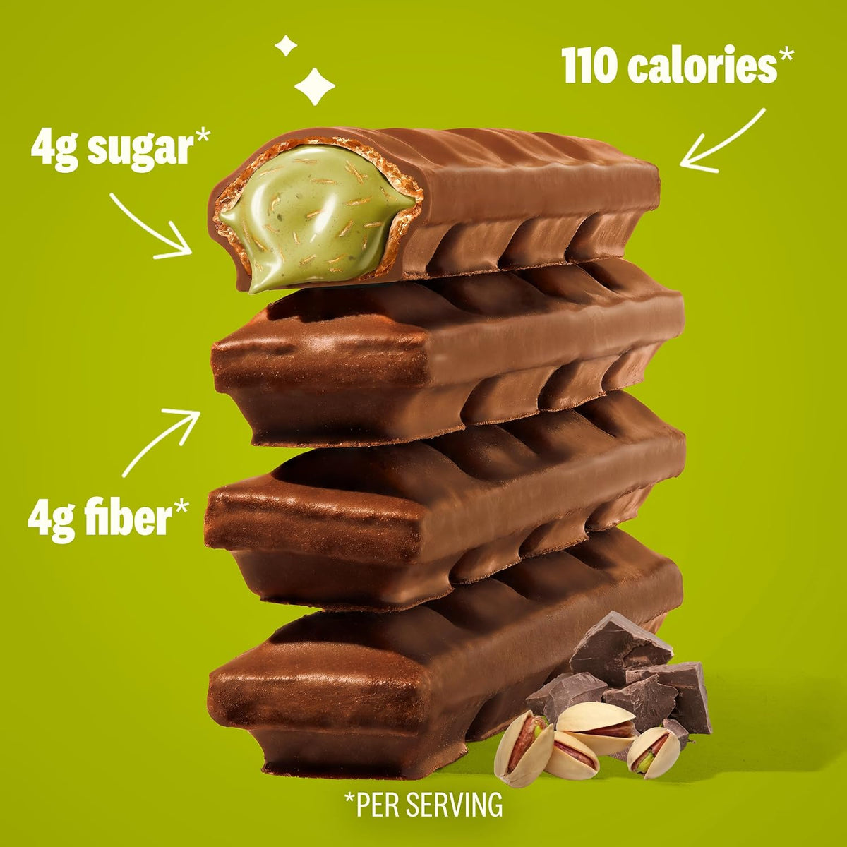 Rip Van Wafels pistachio and kunafa filling inside a crispy healthy snack bar.