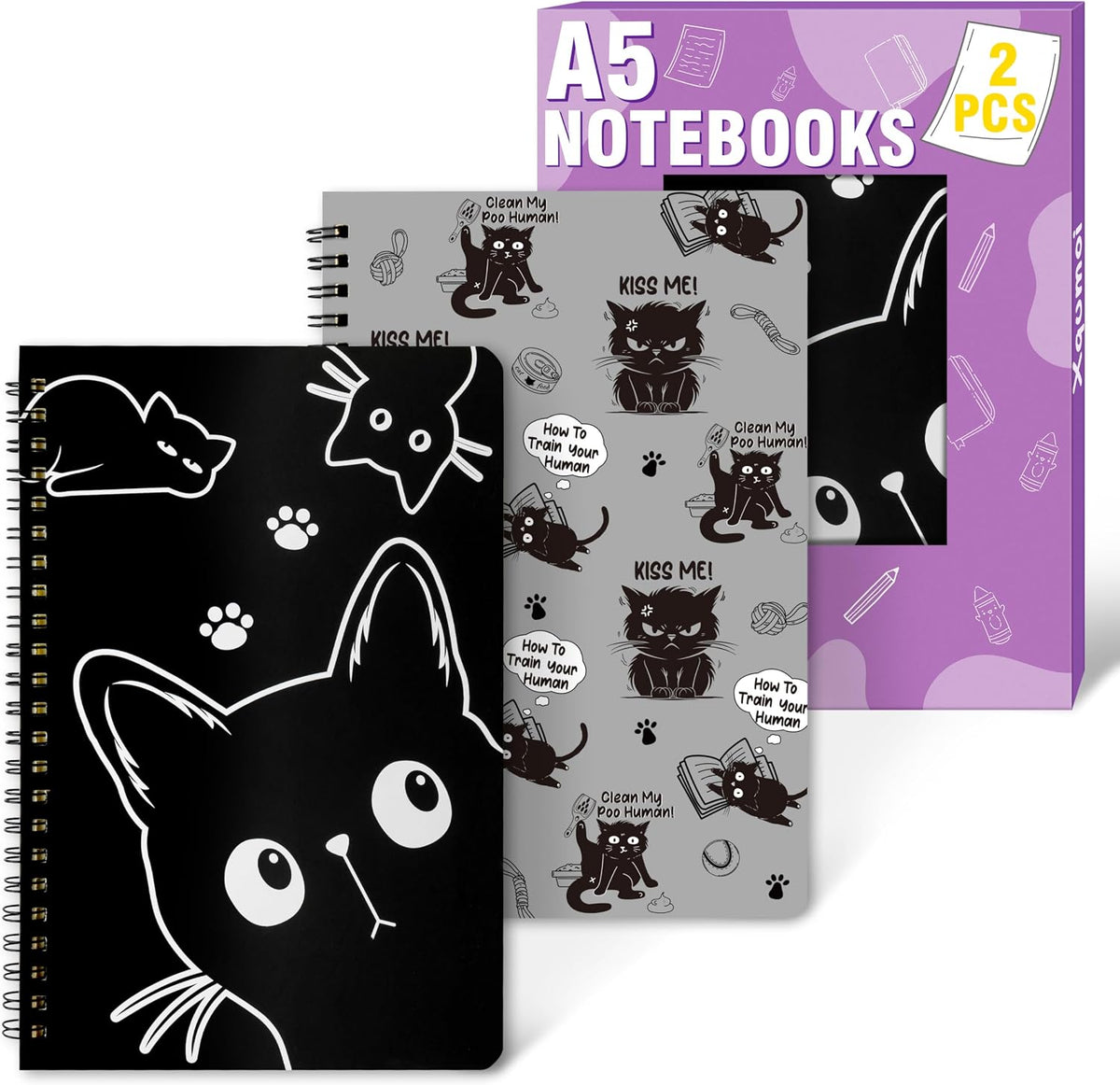 Xqumoi 2 pack A5 funny black cat spiral notebooks front view
