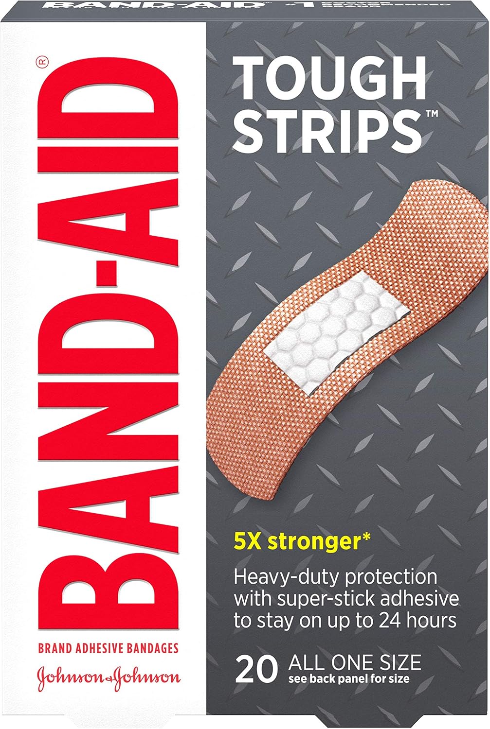 Band-Aid Tough-Strips heavy-duty bandages front box view