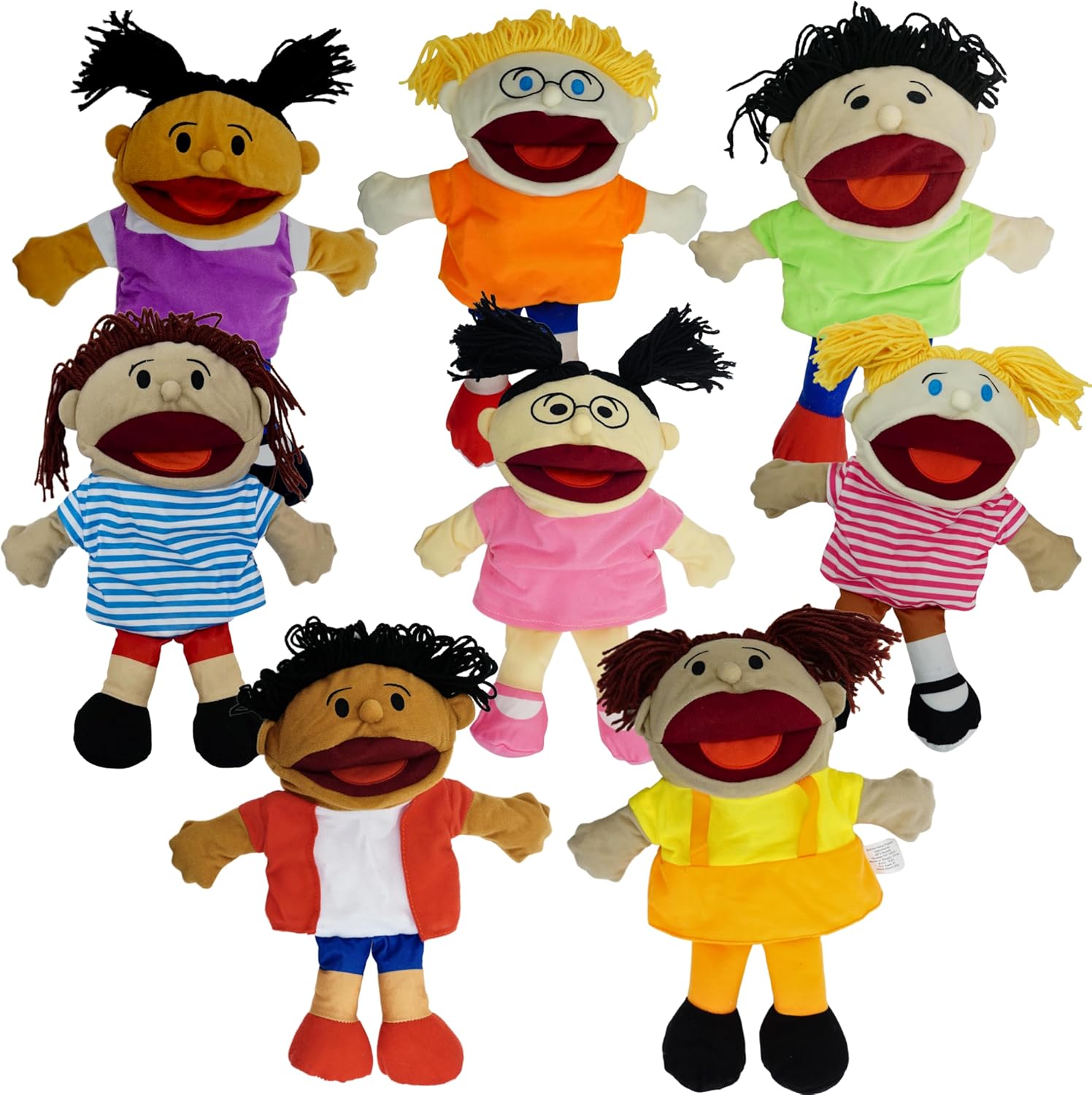 4E's Novelty Multicultural Hand Puppets for Kids - 8 Pack with Movable Mouth, Bulk Soft Plush Puppets for Kids Ages 4-8, for School Home Theater Shows, Teachers Classroom Supplies - Image 1