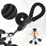Modular multi-dog leash system displaying detachable ropes for up to three dogs.