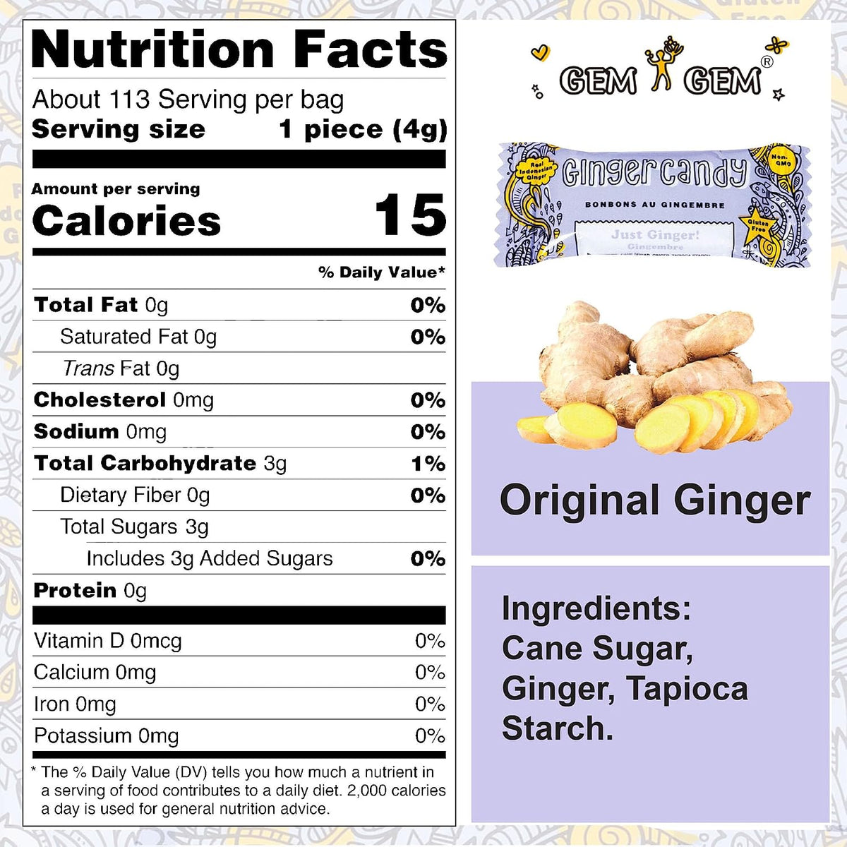 Authentic Gem Gem chewy ginger candy bulk bag packaging details