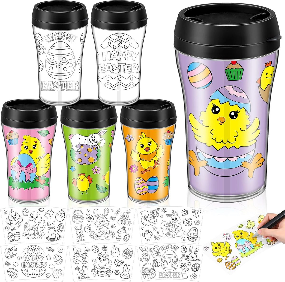Yiyiring set of 12 Easter DIY color your own cups front view