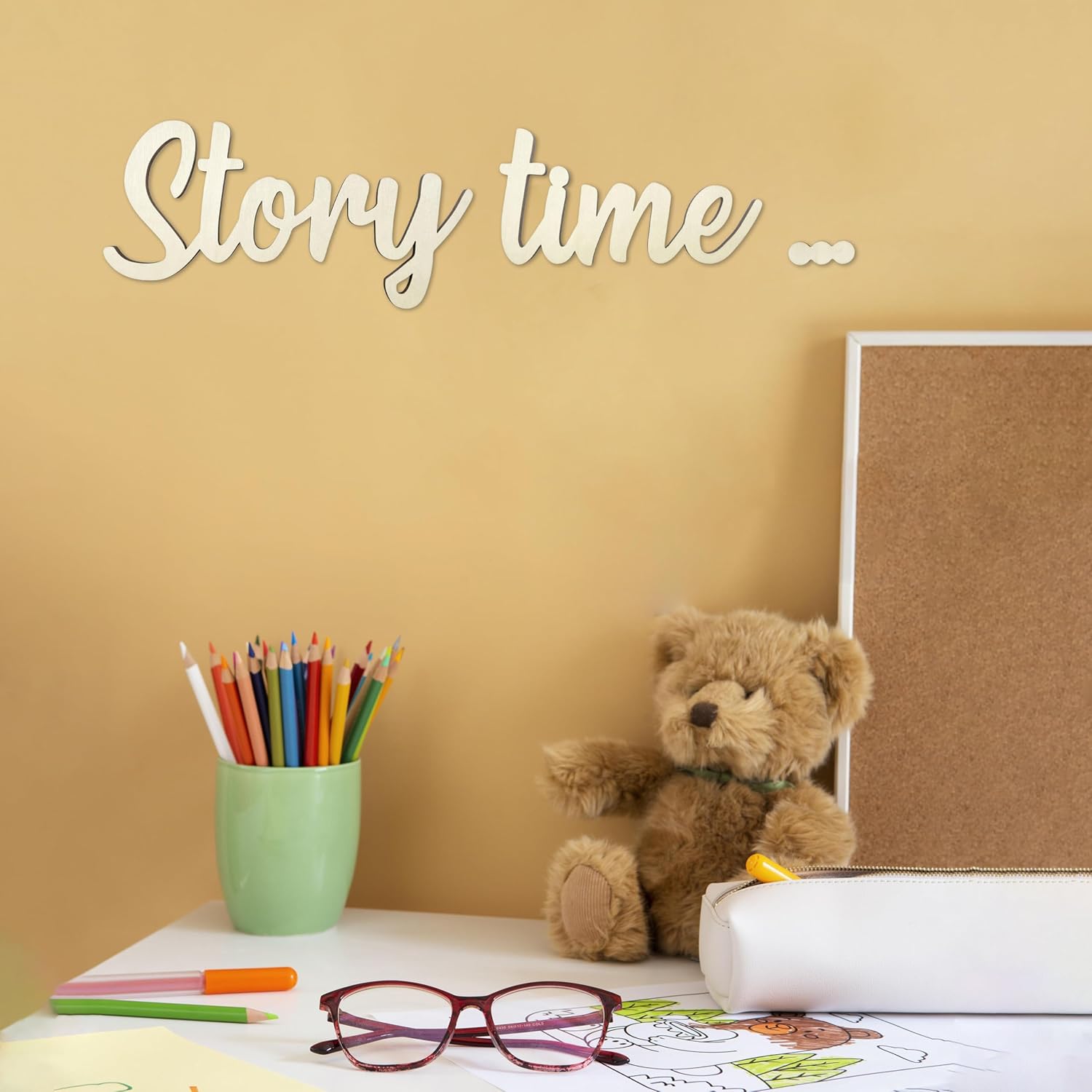 Ajqiomh Story Time reading nook wooden letters front view on a white wall.