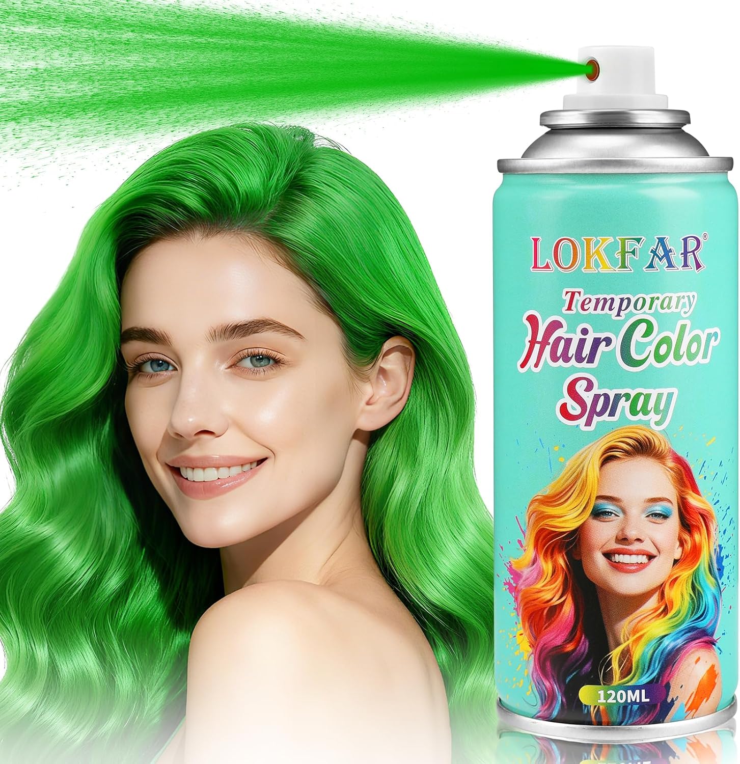 BEFIVECOK temporary green hair color spray front view aerosol bottle for festival makeup.