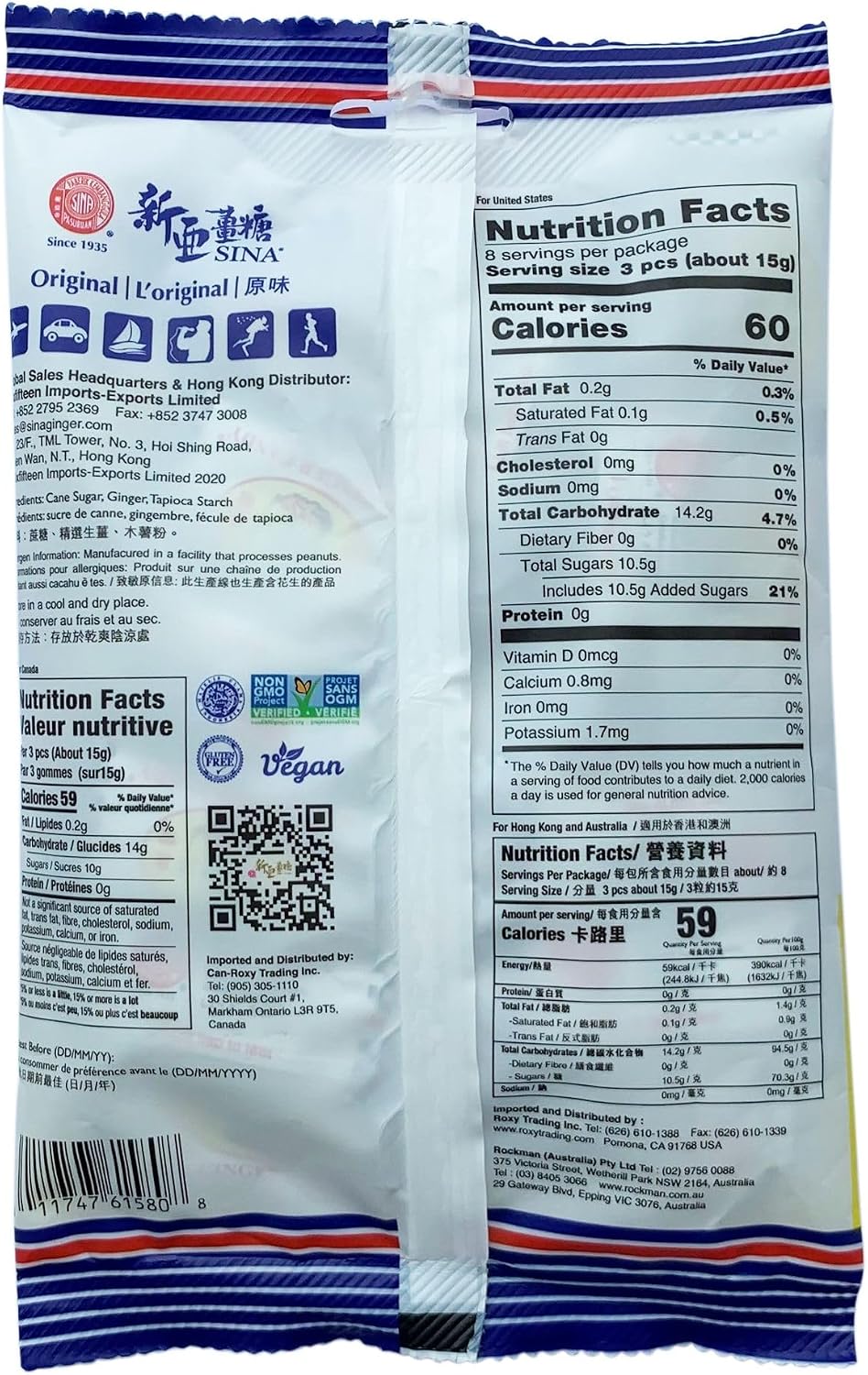Sina original chewy ginger sweets in four point four ounce bags displayed together