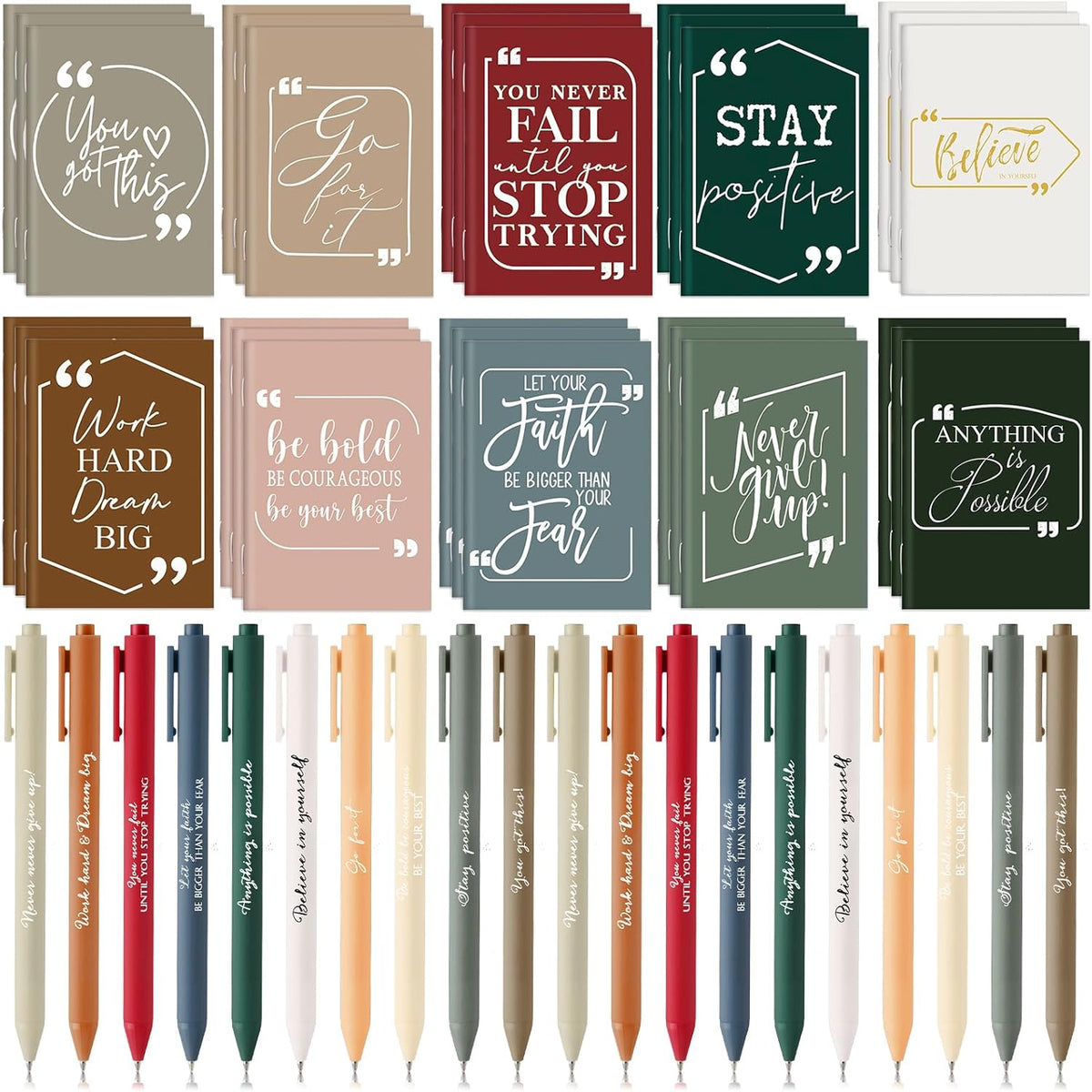Fulmoon 200 Pieces Motivational Pens and Notebooks front view showcasing retro colored stationery sets.