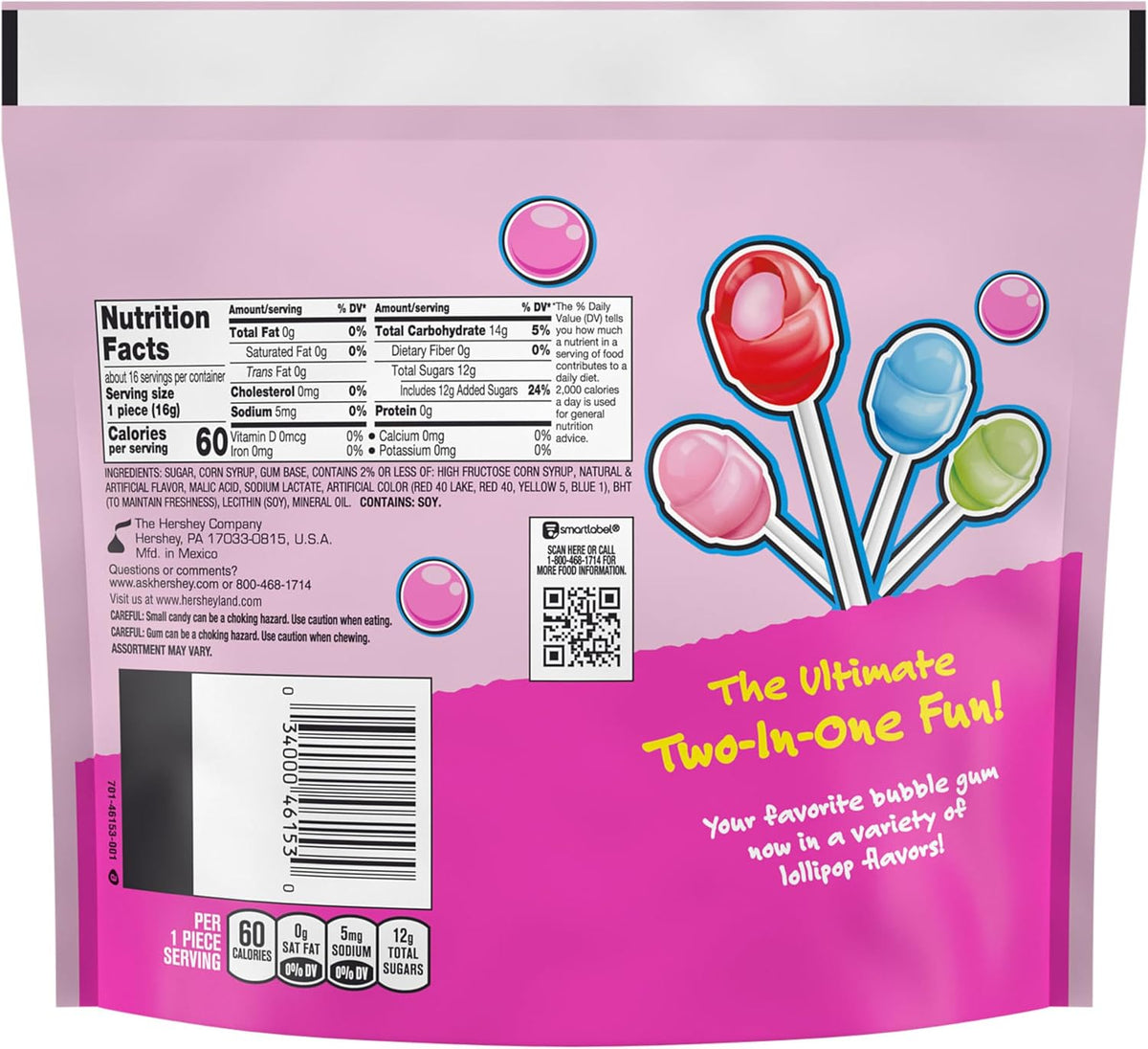 Bubble Yum gum filled lollipops variety pack close up showing individual wrappers