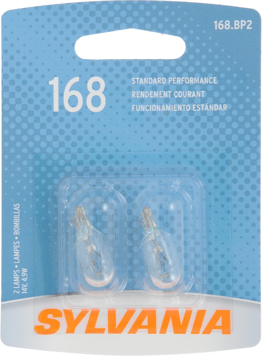 Sylvania 168 Basic Miniature Bulb front view of retail packaging containing two replacement lamps