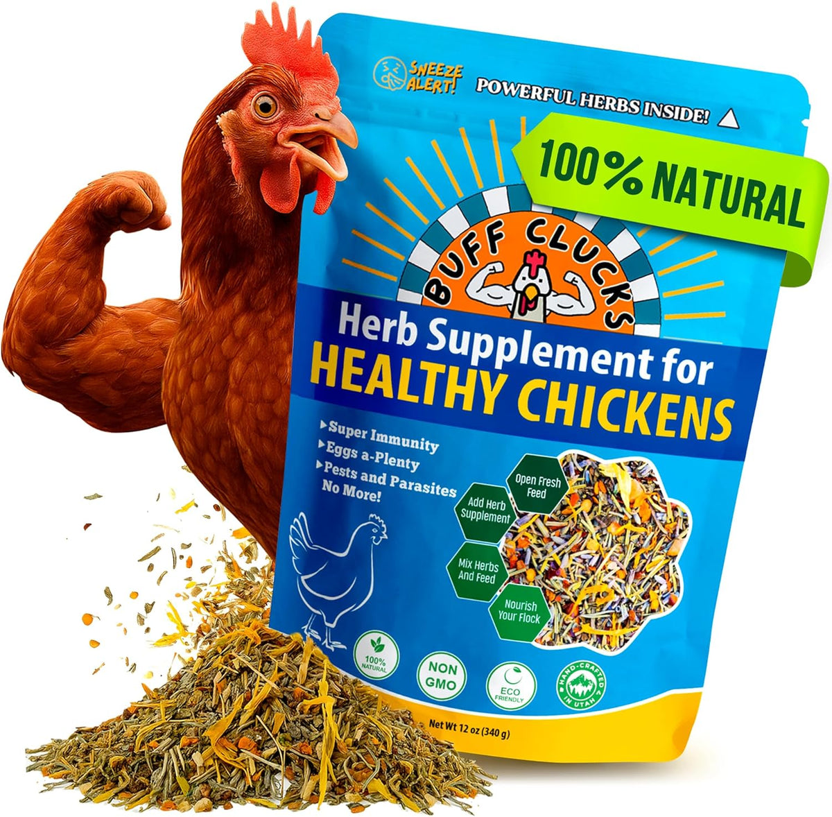 Buff Clucks organic backyard chicken health supplement pour overview