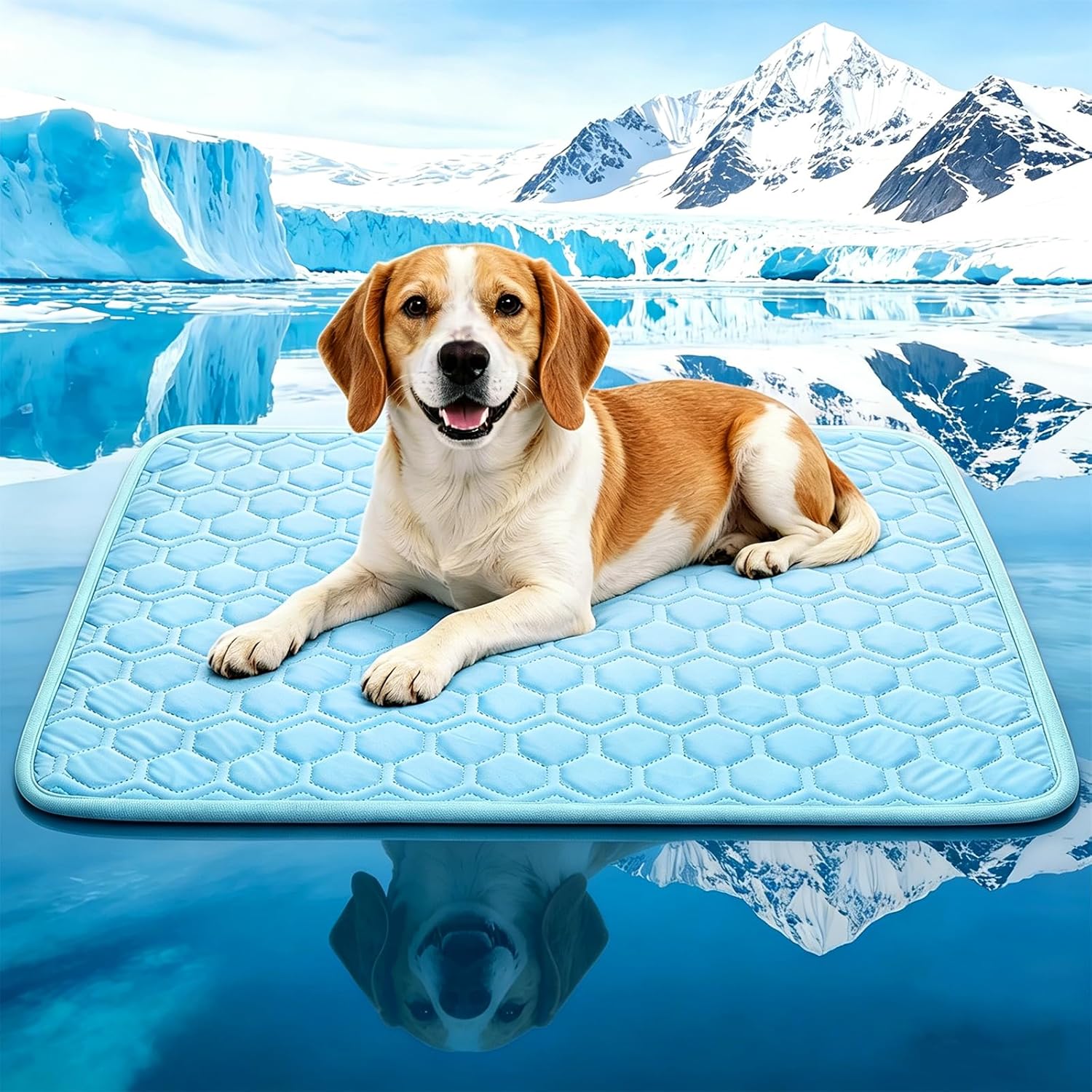Dgdgbaby Arc Chill Dog Cooling Mat front view showcasing the blue quilted hexagonal pattern fabric.
