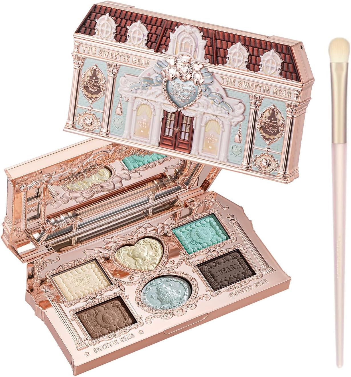 Flower Knows The Sweetie Bear 6 Color Makeup Palette front view of rose gold packaging