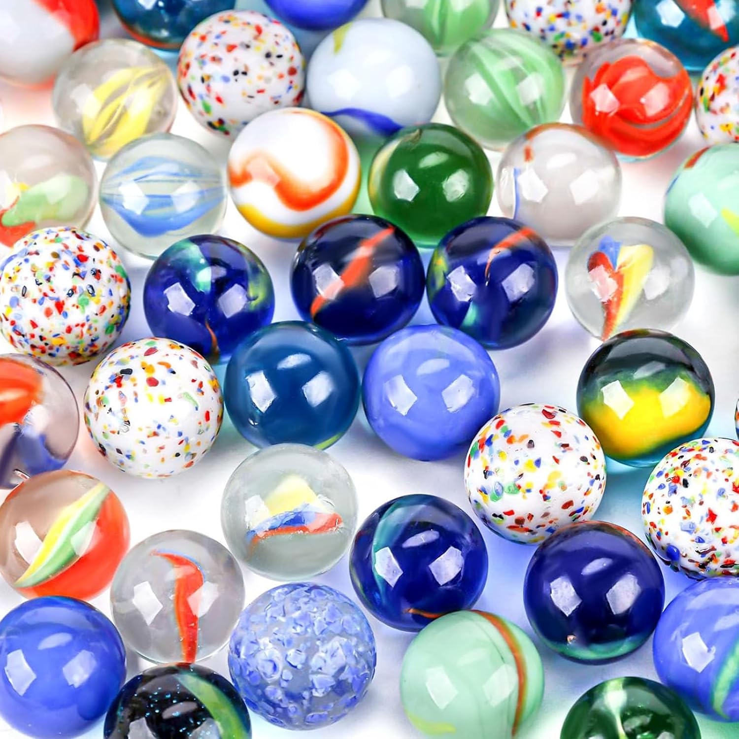 POPLAY 160 Pieces Glass Marbles front view showcasing a bulk assortment of colorful spheres for traditional kids games.