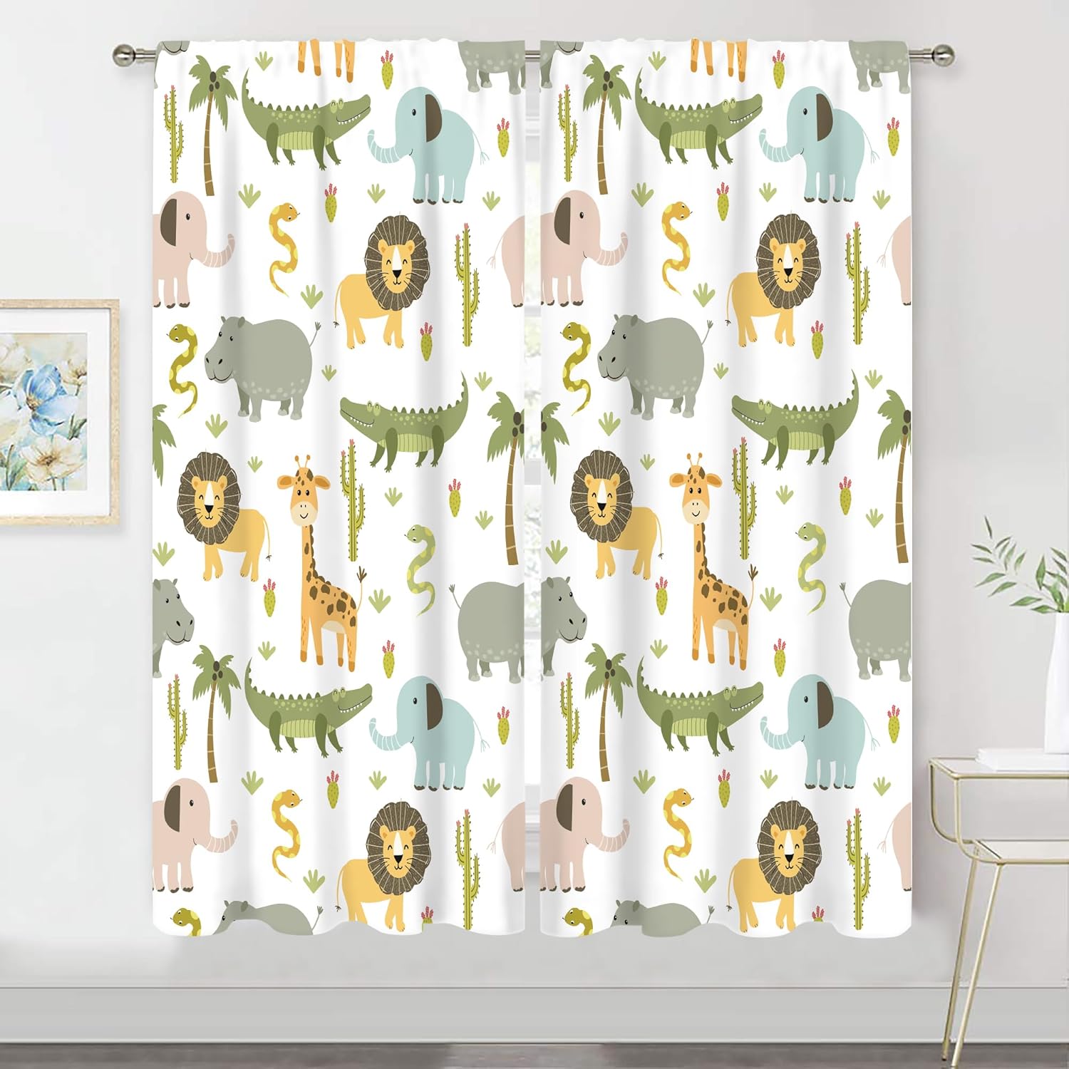 MESHELLY Kids Safari Animals Curtains front view showing cartoon lion and elephant print