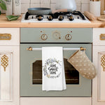 Voatok housewarming gift towel hanging in kitchen