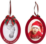 Pearhead Holiday Babyprints Christmas Ornament red frame front view with baby photo