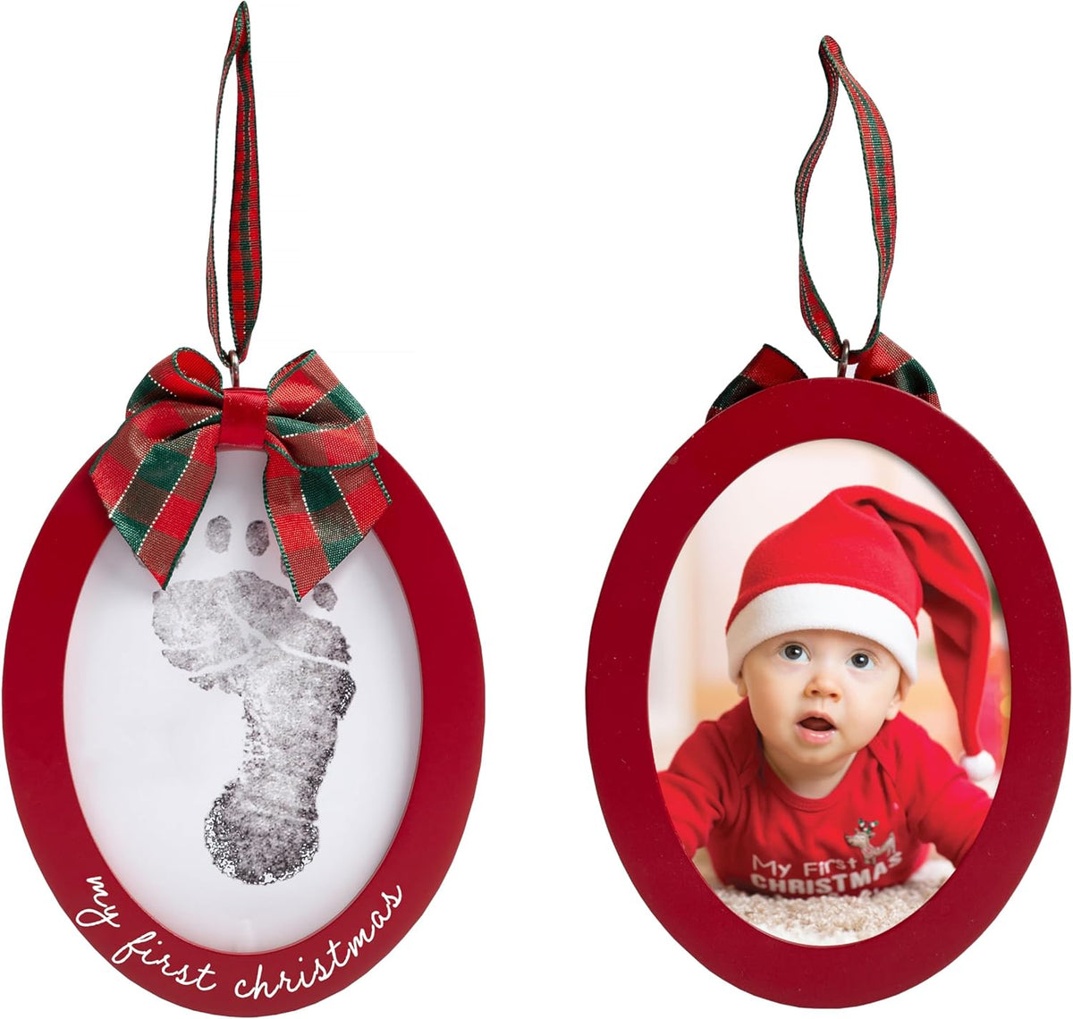 Pearhead Holiday Babyprints Christmas Ornament red frame front view with baby photo