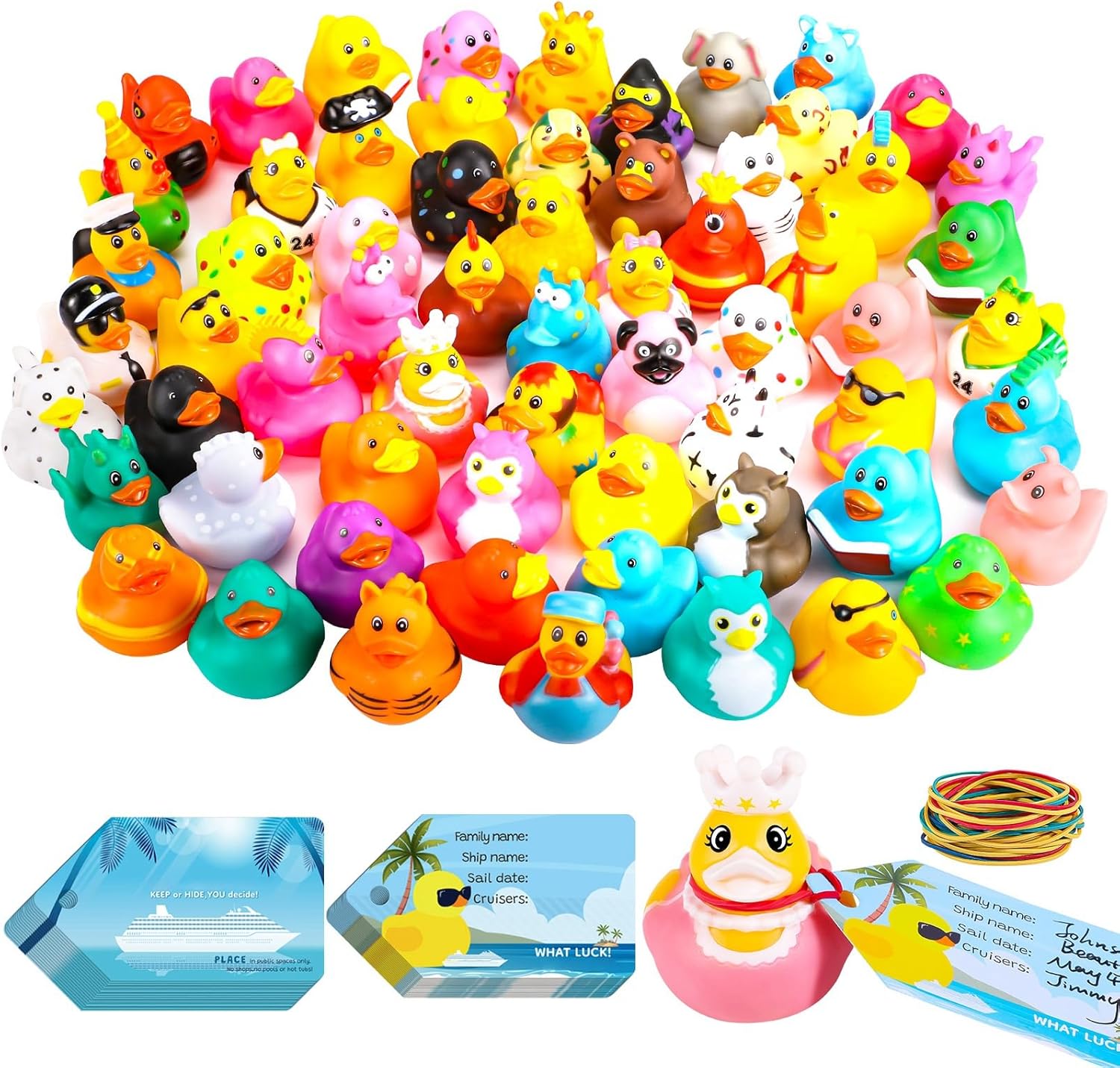Prudiut Cruise Ducks Tags Kits front view displaying assorted colorful rubber ducks and personalized cardstock tags